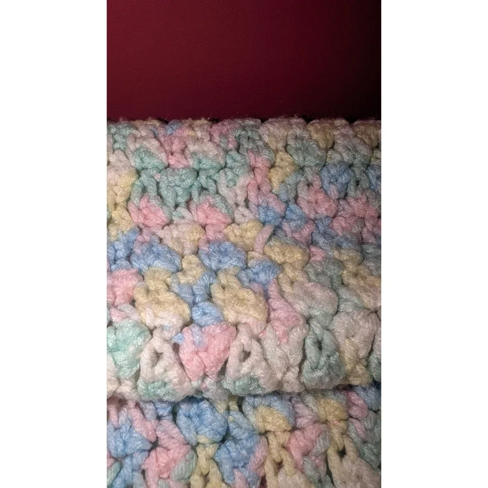 Vintage Crochet Baby Blanket Handmade Pastels Rainbow Blue Pink Yellow 27 x 36" - Picture 2 of 5